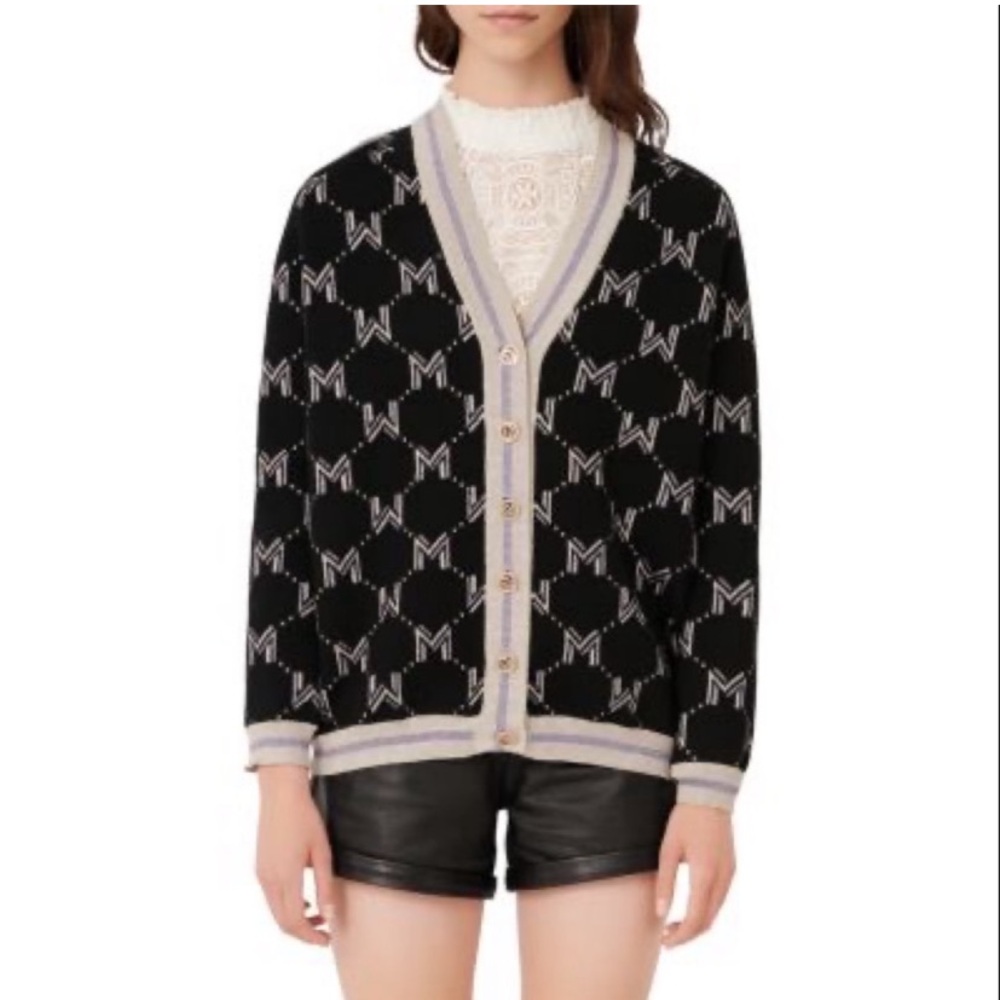 Maje Monogram Black and Cream Cardigan